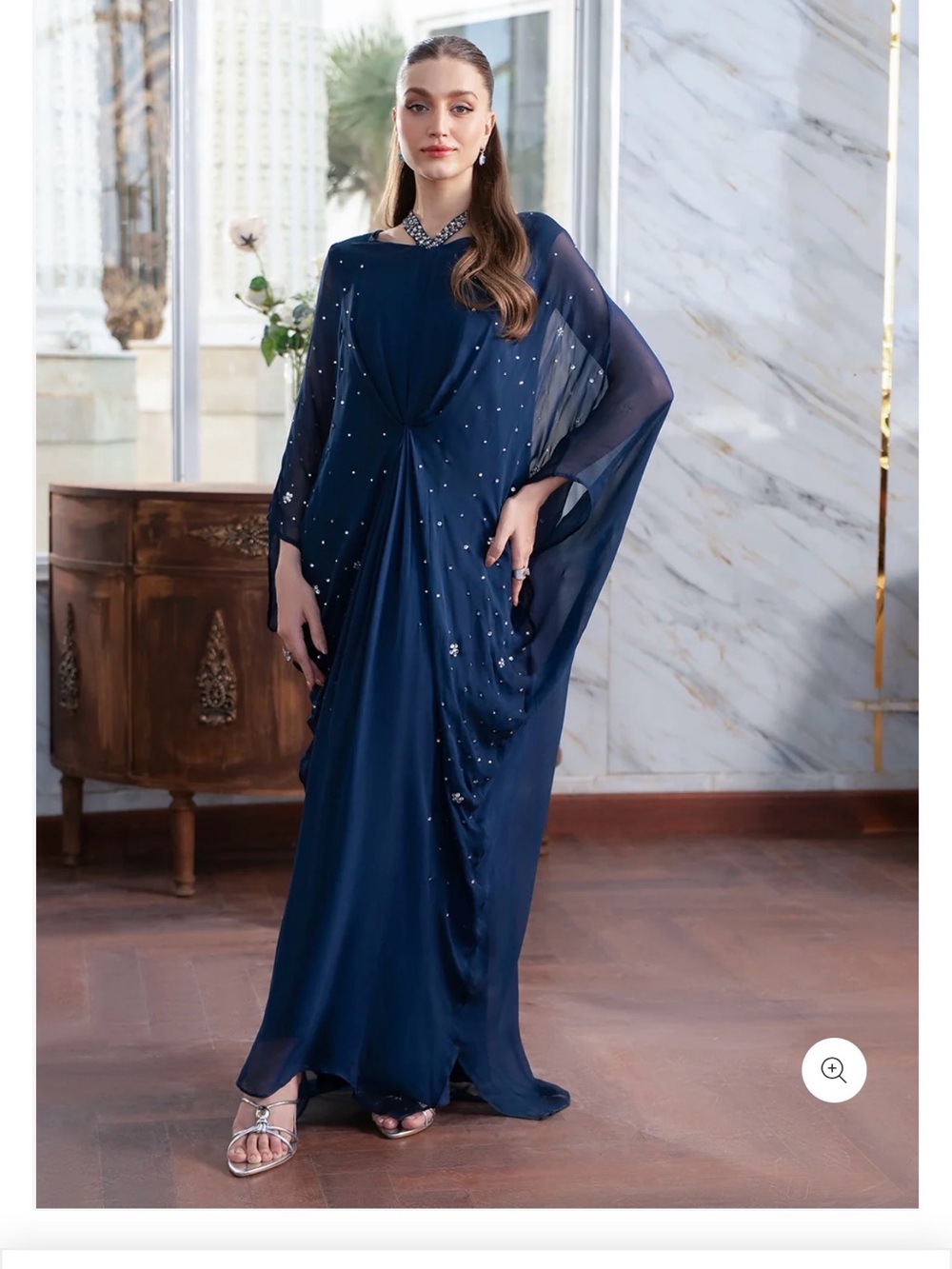 Navy Long-Sleeve Beaded Evening Dress